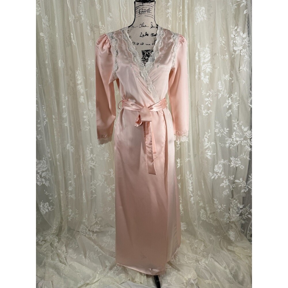 Liquid Silky Satin Robe Full Length Lace Floral Embroidered Wrap Puff Sleeve Med